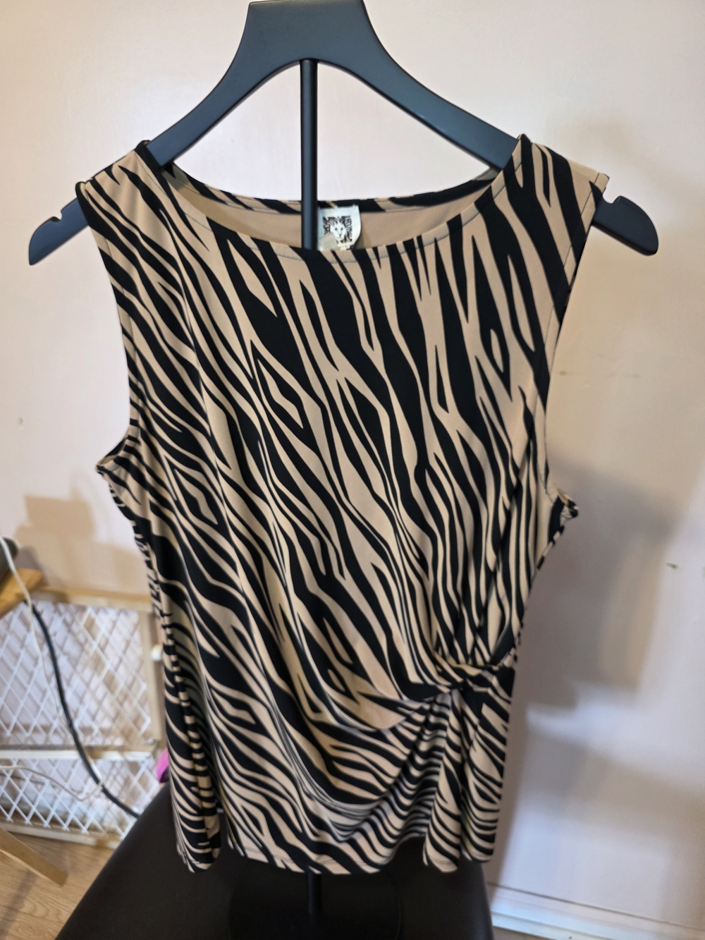 Anne Klein Black and Tan Zebra-Print Twist-Front Tank